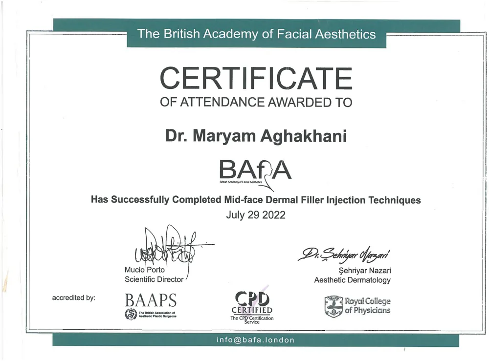 گواهی‌نامه‌ی Mid-face Dermal Filler Injection Techniques — دکتر مریم آقاخانی